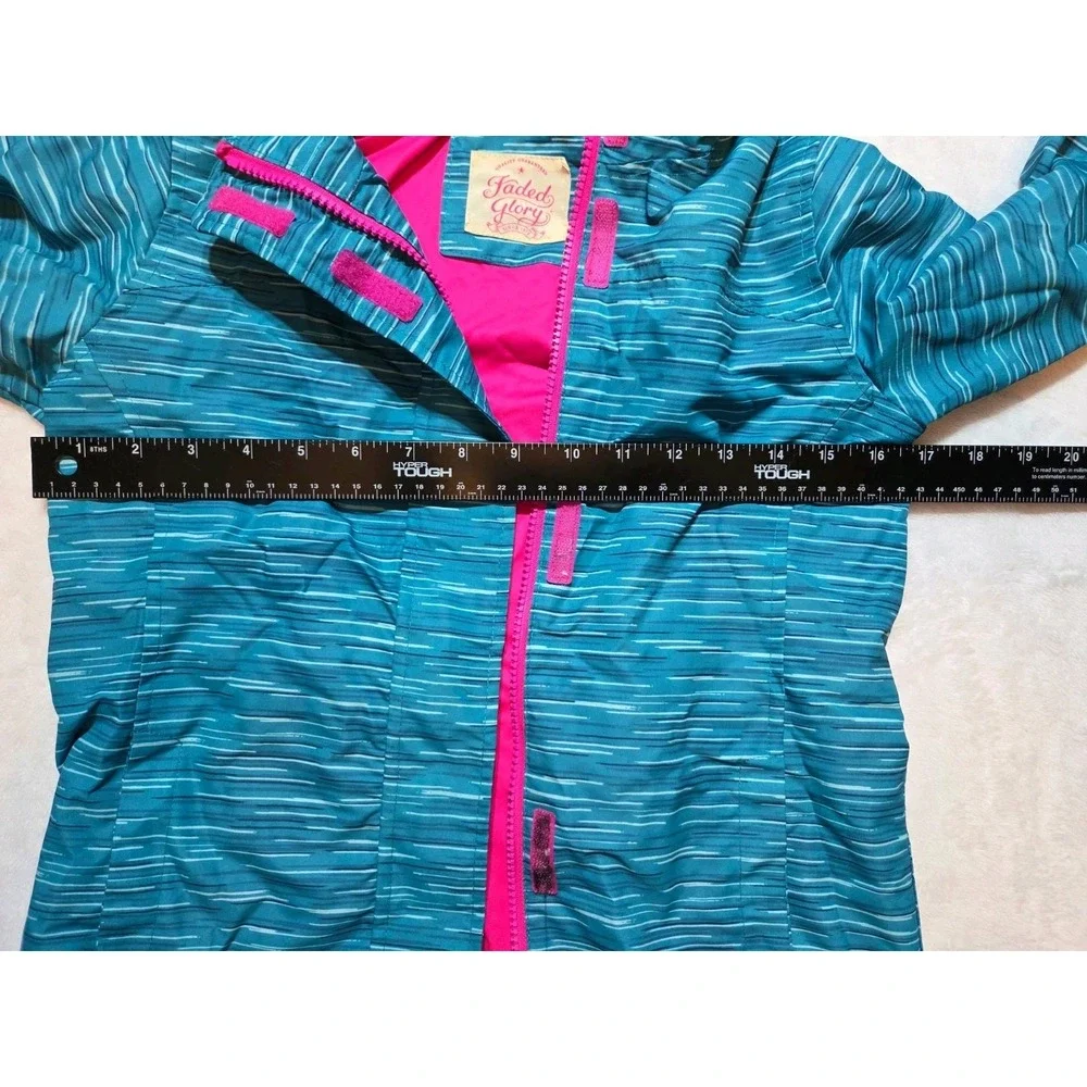 297. Faded Glory Girls M 7-8 Teal Pink Hooded Jacket Lightweight Striped Full...